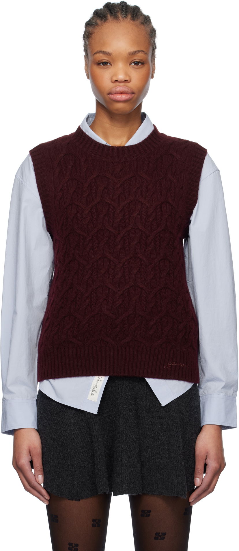Cветр GANNI GANNI Wool Cashmere Cable Knit Vest Бордовий | K2350