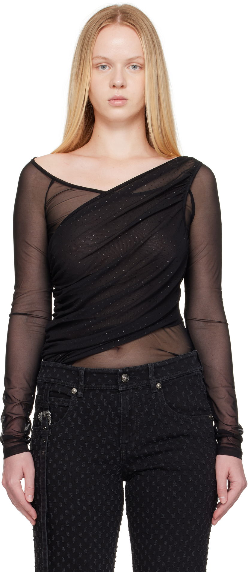 Футболка Versace Versace Jeans Couture 'STR' Tulle Glitter Long Sleeve Top чорний | E78HAH600_EJ0192
