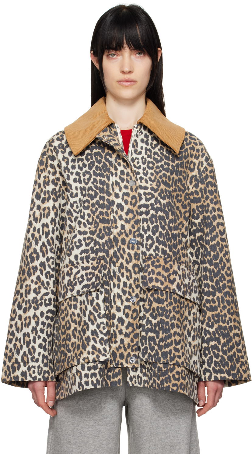 Пальто GANNI Ganni Leopard Print Canvas Midi Jacket бежевий | W0391