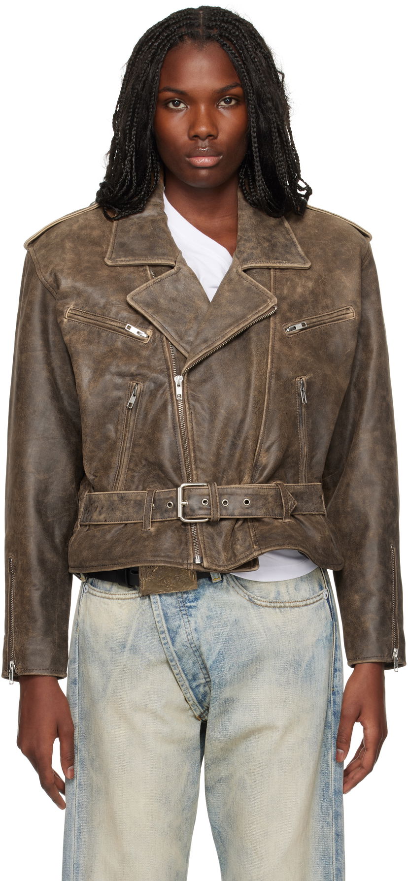 Куртка R13 R13 Exaggerated Shoulder Leather Motorcycle Jacket Коричневий | R13WR323-R434A