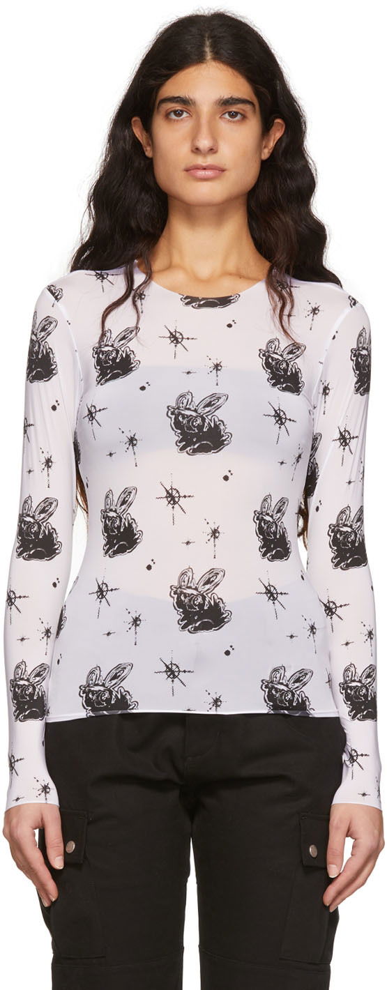 Футболка We11done We11done Semi-Sheer Long Sleeve T-Shirt with Bunny Print білий | WD-TT1-22-577-W-WH