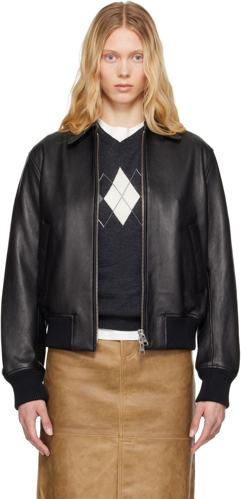 Куртка бомбер AMI AMI Paris Zipped Leather Jacket чорний | UJK078.LH0044