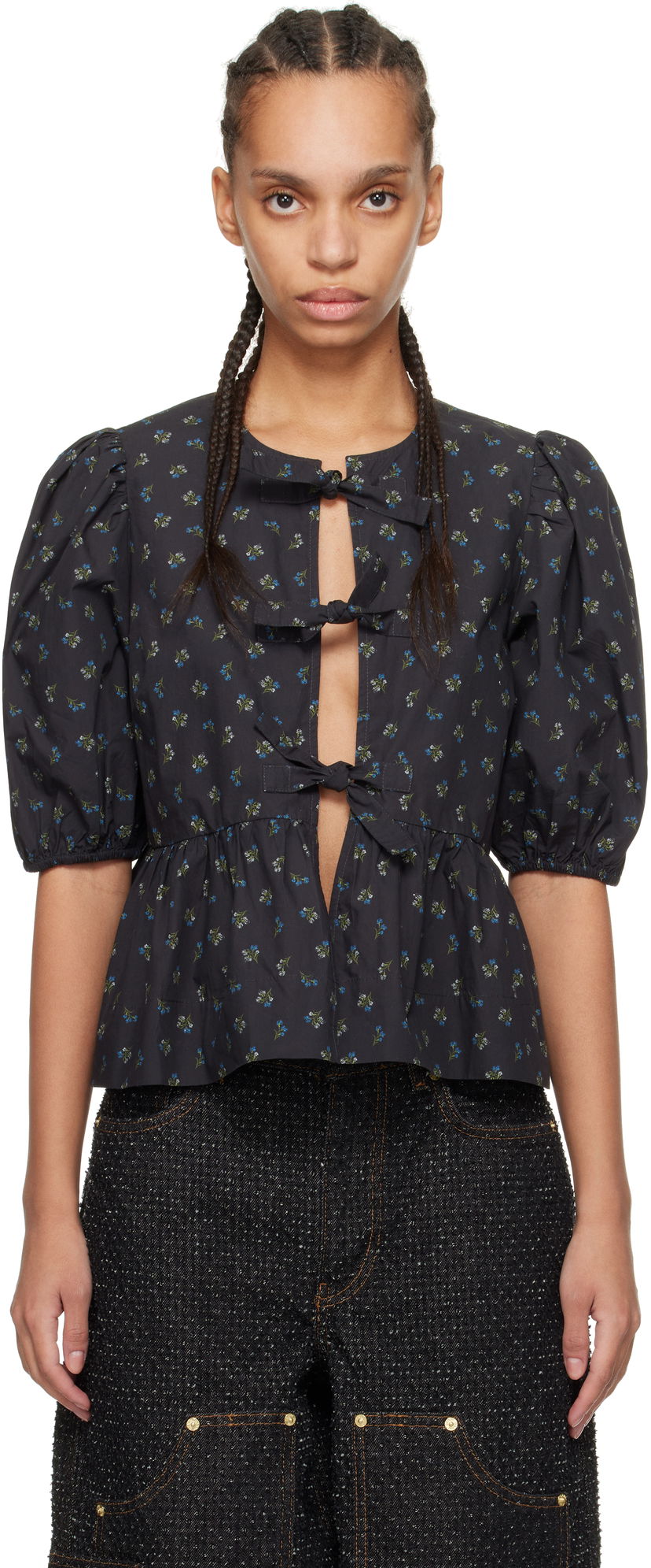 Сорочка GANNI GANNI Printed Cotton Peplum Blouse чорний | W0152