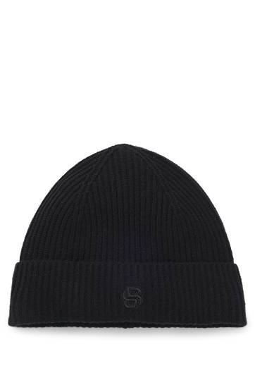 Шапка BOSS Wool-cashmere ribbed beanie hat with Double B monogram чорний | 50557673, 0