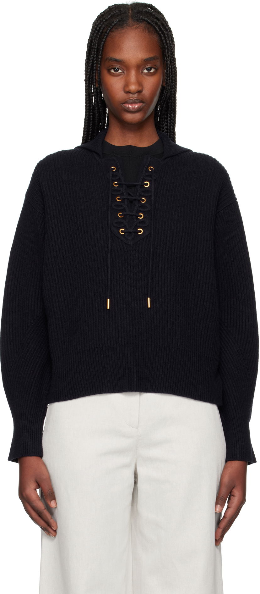 Cветр Max Mara Max Mara Eccelso Lace-Up Ribbed Knit Hoodie темно-синій | 2511361161600
