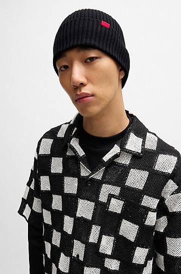 Шапка BOSS Virgin-Wool Ribbed Beanie with Logo Label чорний | 50524570, 1