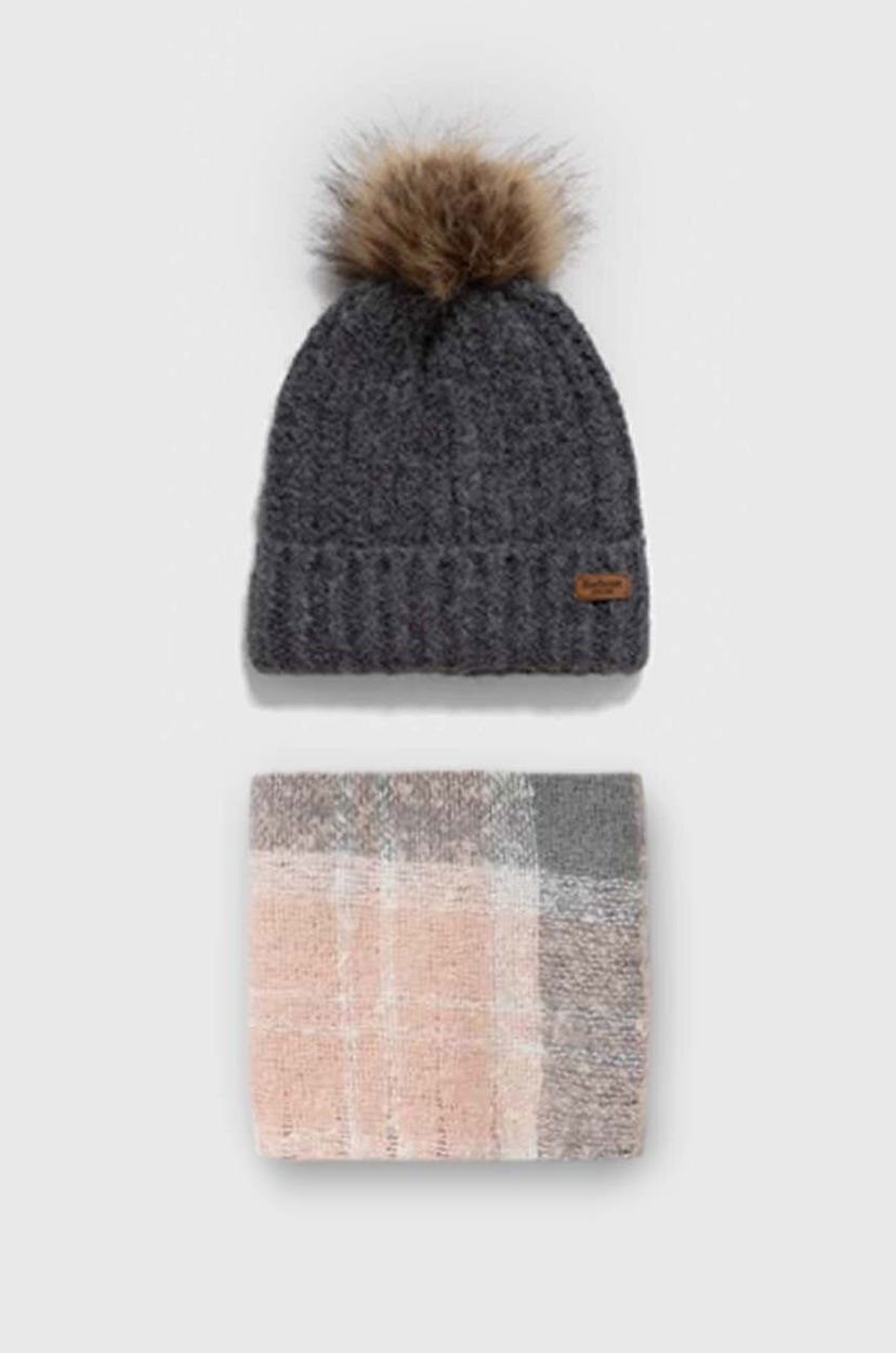 Шапка Barbour Knitted Pom-Pom Beanie Hat and Scarf Set Сірий | LGS0077