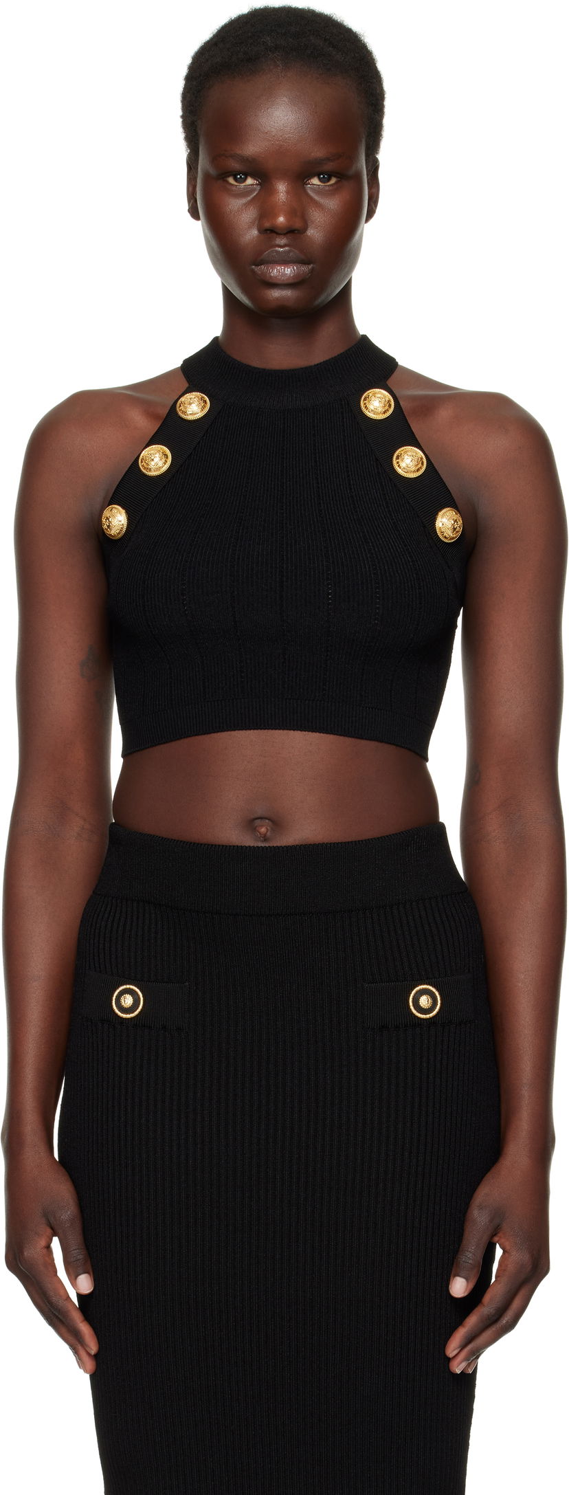 Спідниця Balmain Balmain Halterneck Knit Cropped Top чорний | EF1AB390KB07