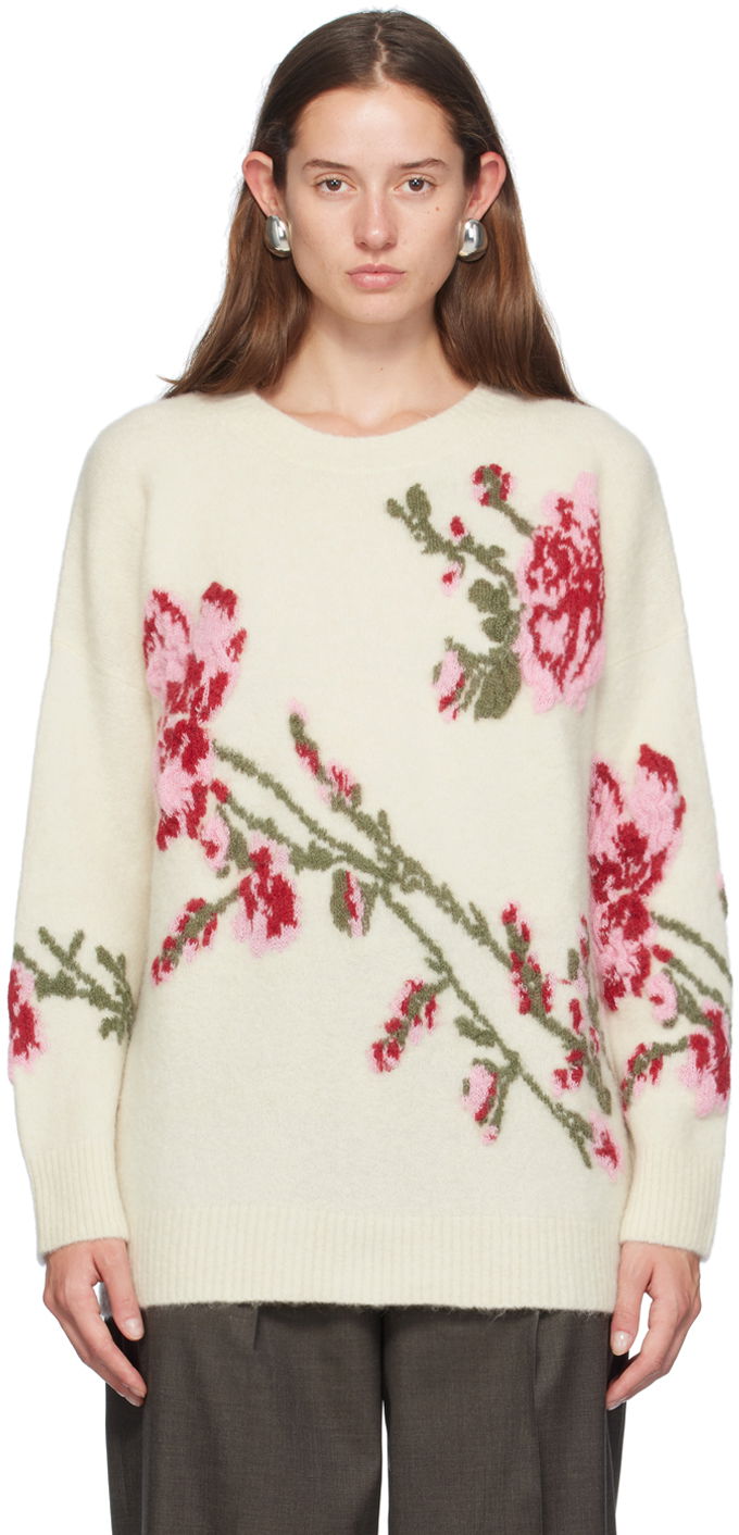 Cветр Blumarine Blumarine Jacquard Rose Crewneck Sweater білий | A422M490A