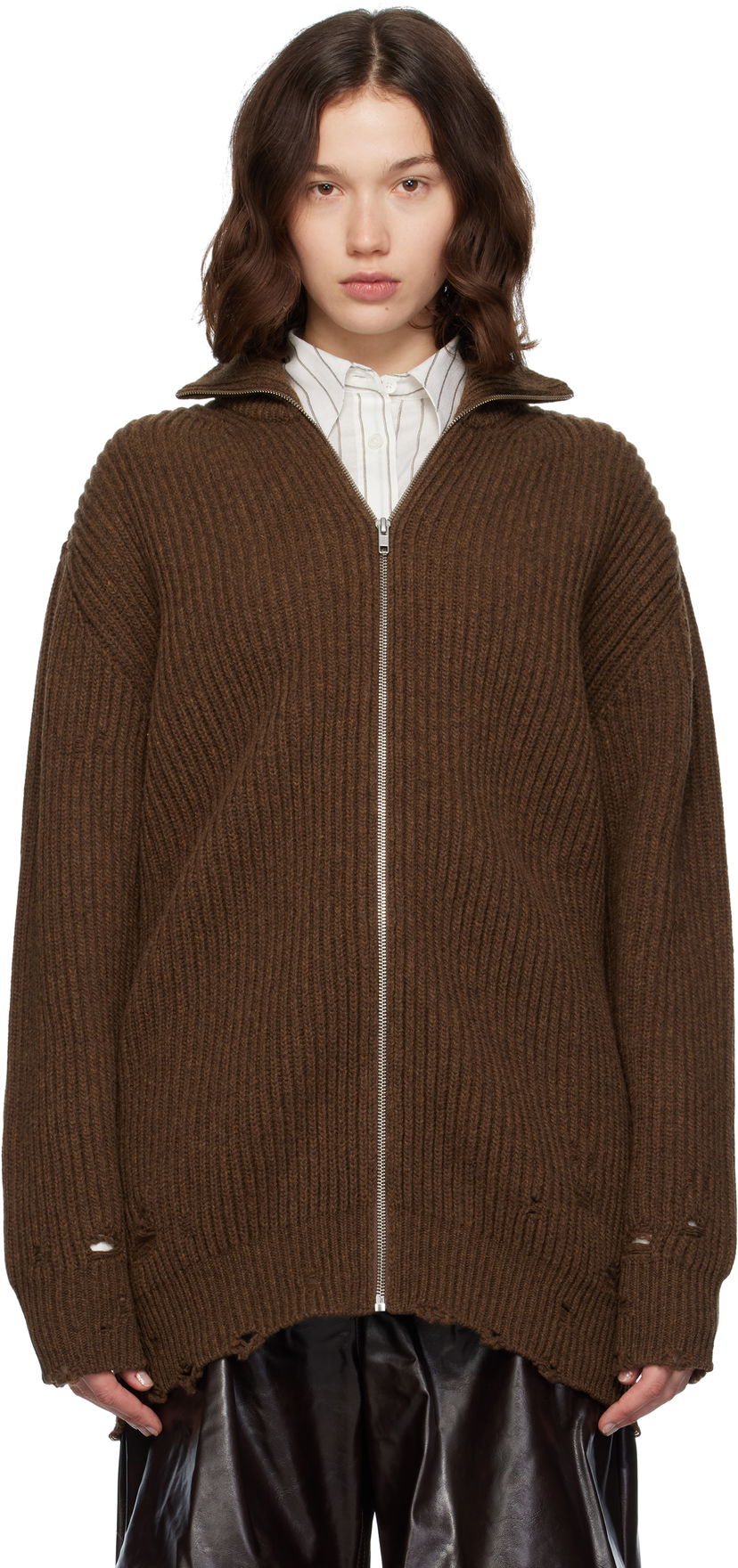 Cветр Maison Margiela MM6 Maison Margiela Ribbed Knit Zip-Up Sweater Коричневий | S52AM0322 M13138