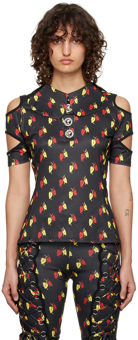 Сорочка поло Chopova Lowena Leaf Print Cut-Out Polo чорний | 2162
