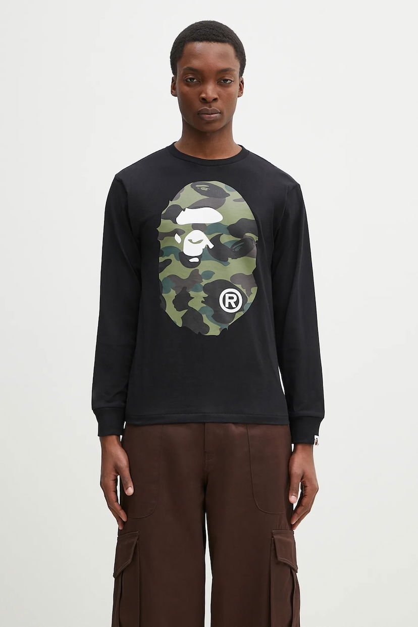 Футболка BAPE A Bathing Ape 1St Camo Big Ape Head Long Sleeve T-Shirt чорний | 1K80111018