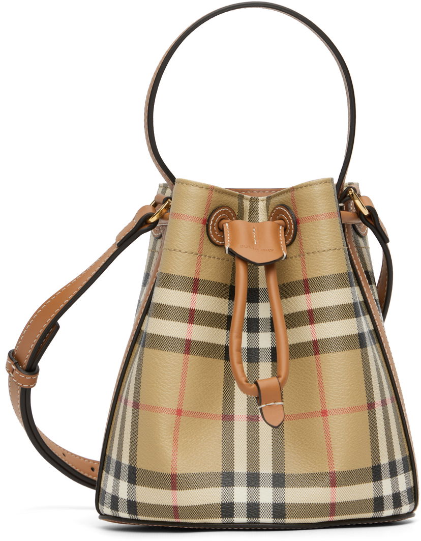 Сумочка Burberry Burberry Vintage Check & Leather Drawstring Bucket Bag бежевий | 8109794