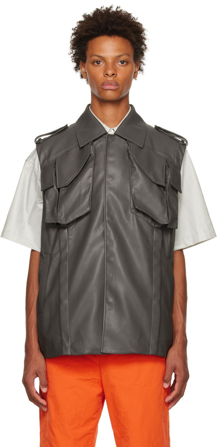 Жилет Feng Chen Wang Feng Chen Wang Vented Faux-Leather Vest Сірий | FMF14VS04