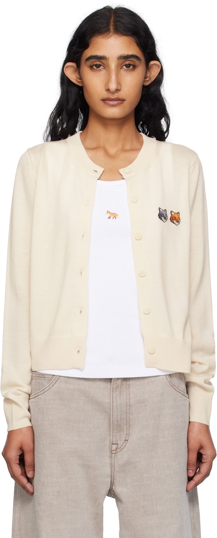 Cветр MAISON KITSUNÉ Maison Kitsuné Double Fox Head Patch Cardigan бежевий | OW051CFKT1036