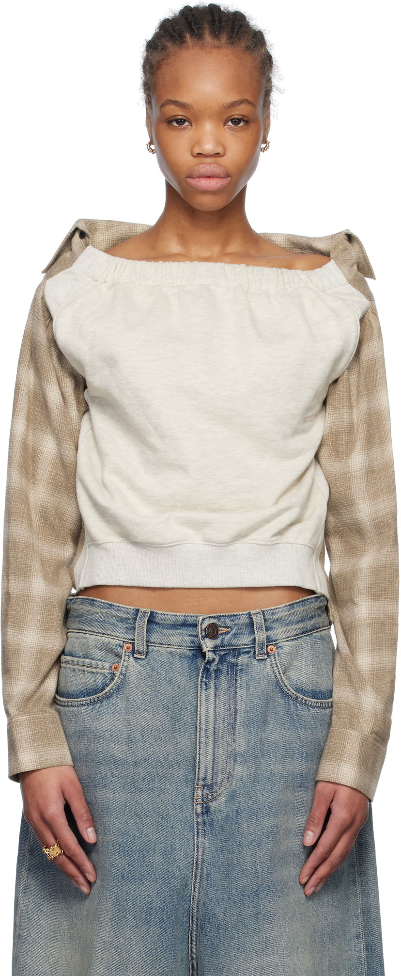 Cветр We11done We11done Check Panel Off-Shoulder Sweatshirt бежевий | WD-BL0-25-153-W-BG