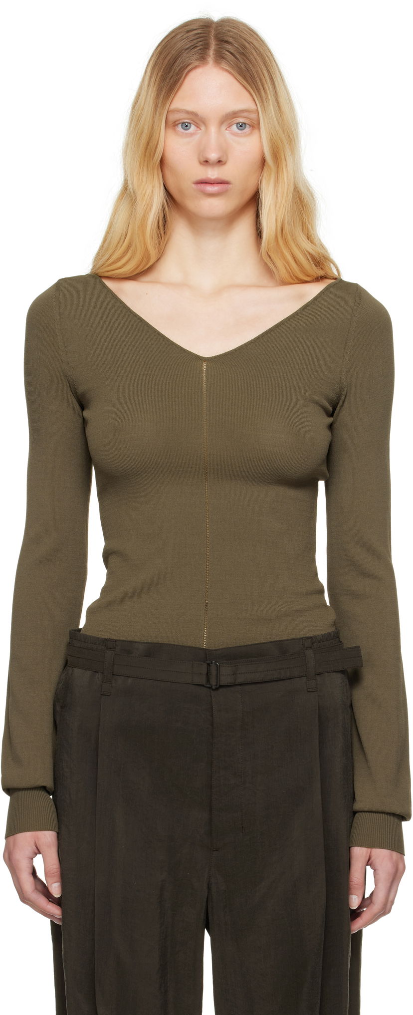 Cветр LEMAIRE Lemaire Wide V-Neck Top Зелений | TO1362 LK1038