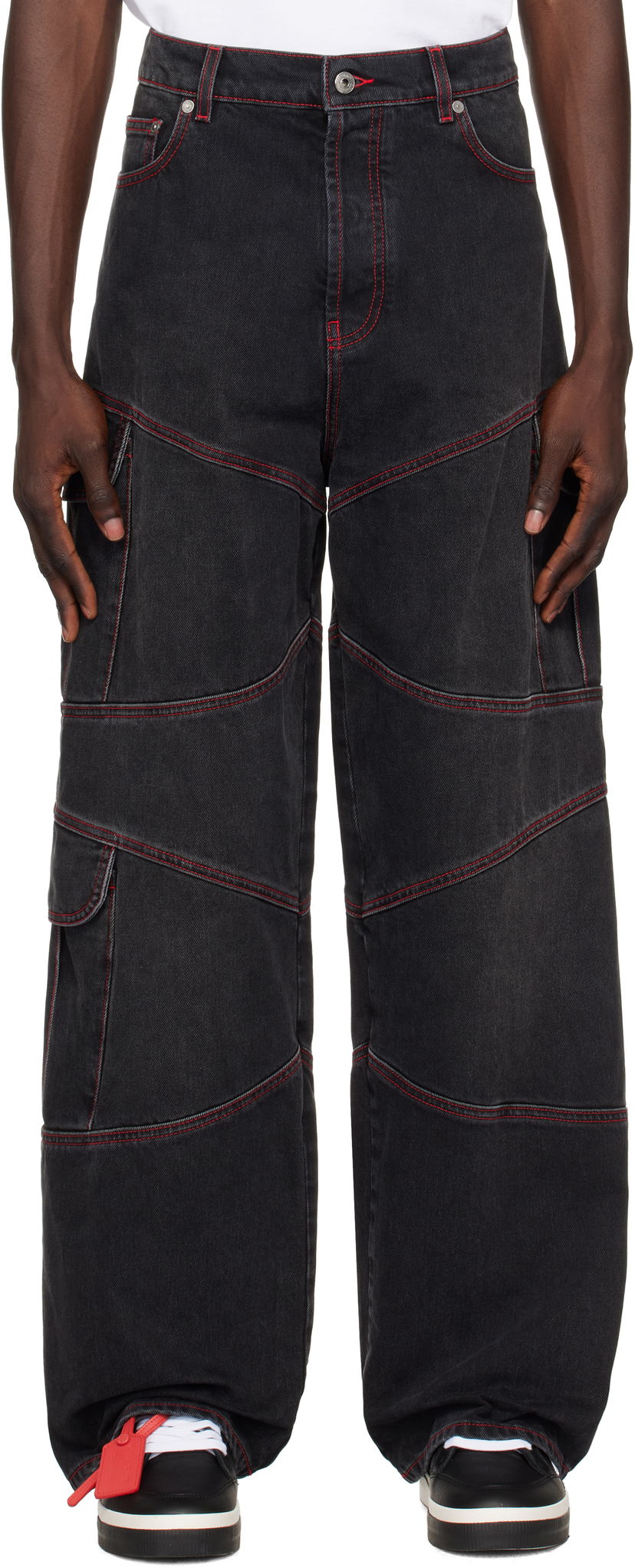 Штани карго Off-White Black Straight Jeans With Red Stitching чорний | OMYA188F24DEN0011325