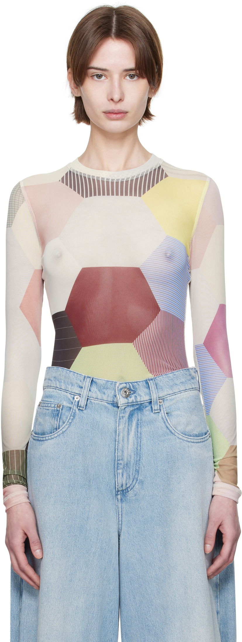 Боді JW Anderson JW Anderson Patchwork Print Sheer Long Sleeve T-Shirt Різнокольоровий | JO0138-PG1722