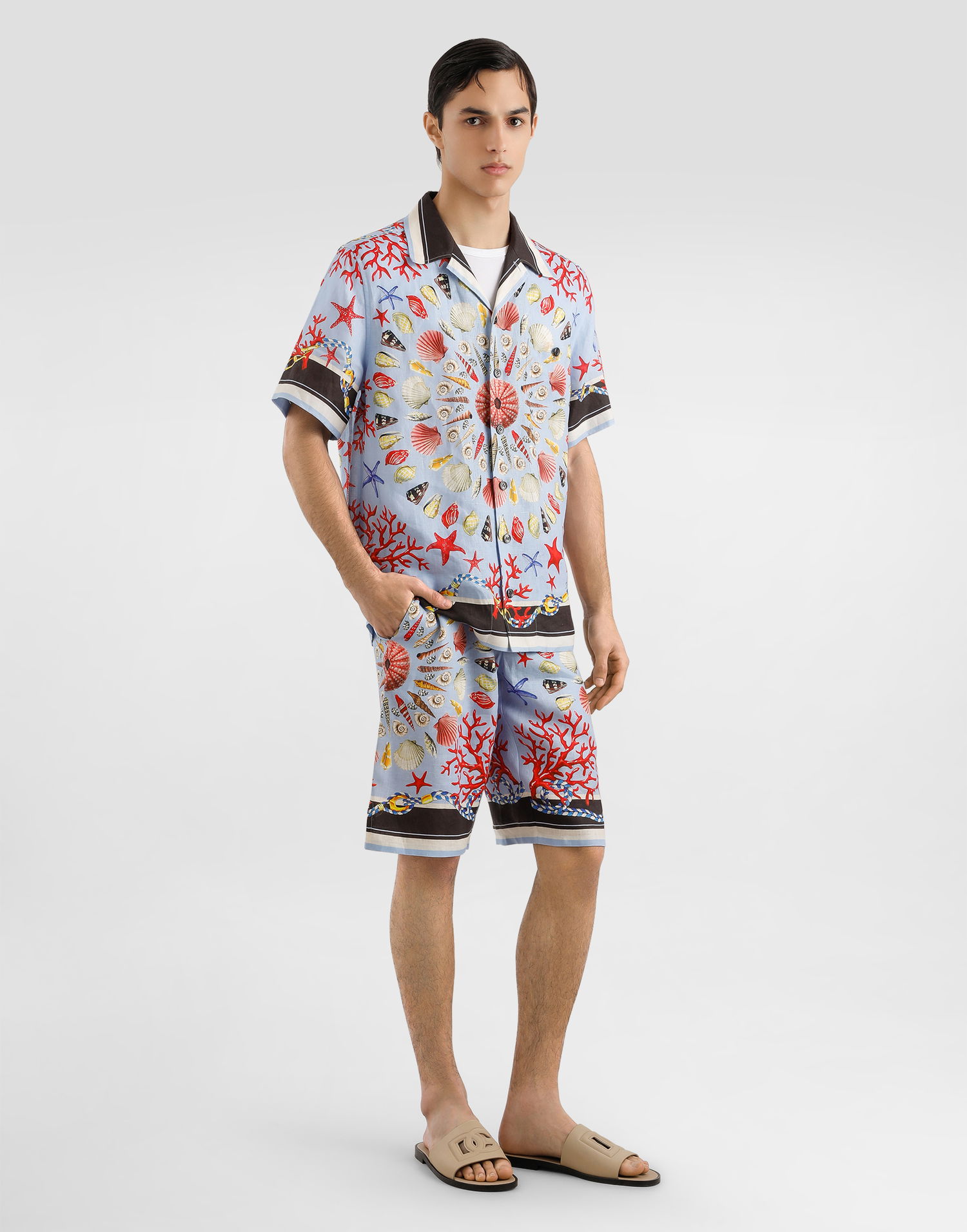 Сорочка Dolce & Gabbana Dolce & Gabbana Linen Canvas Shirt with Shell Print Синій | G5JH9TFP4NRHC5PJ, 1