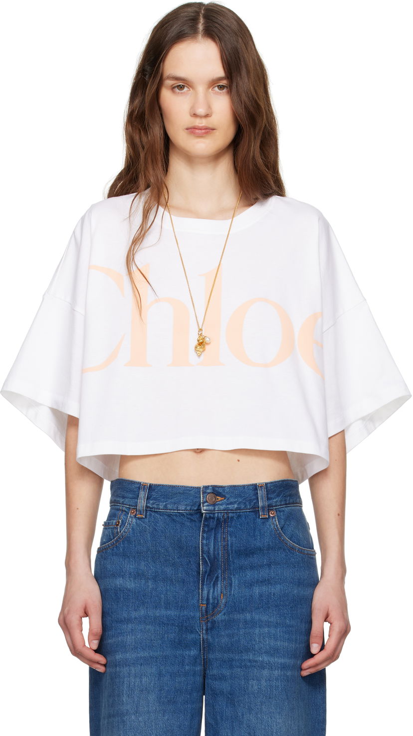 Кроп-топи CHLOÉ Chloe Oversized Cropped Logo T-Shirt білий | CH25UJH09183
