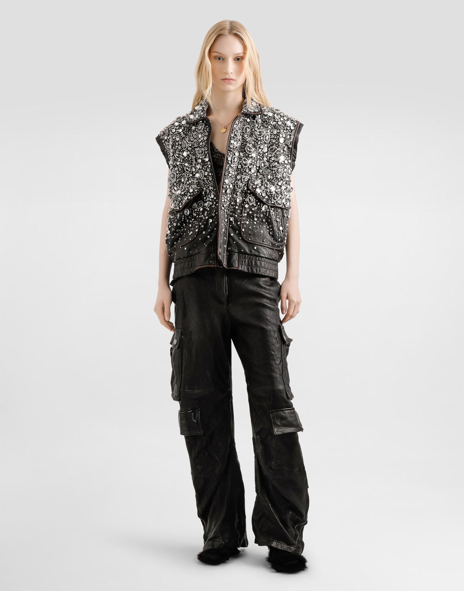 Жилет Dolce & Gabbana Dolce & Gabbana Vintage Leather Crystal-Embellished Vest чорний | F7BD4ZGDDGAS8400, 1