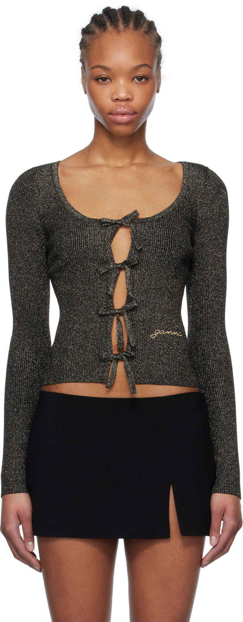Cветр GANNI GANNI Sparkle Tie String Cardigan чорний | K2358