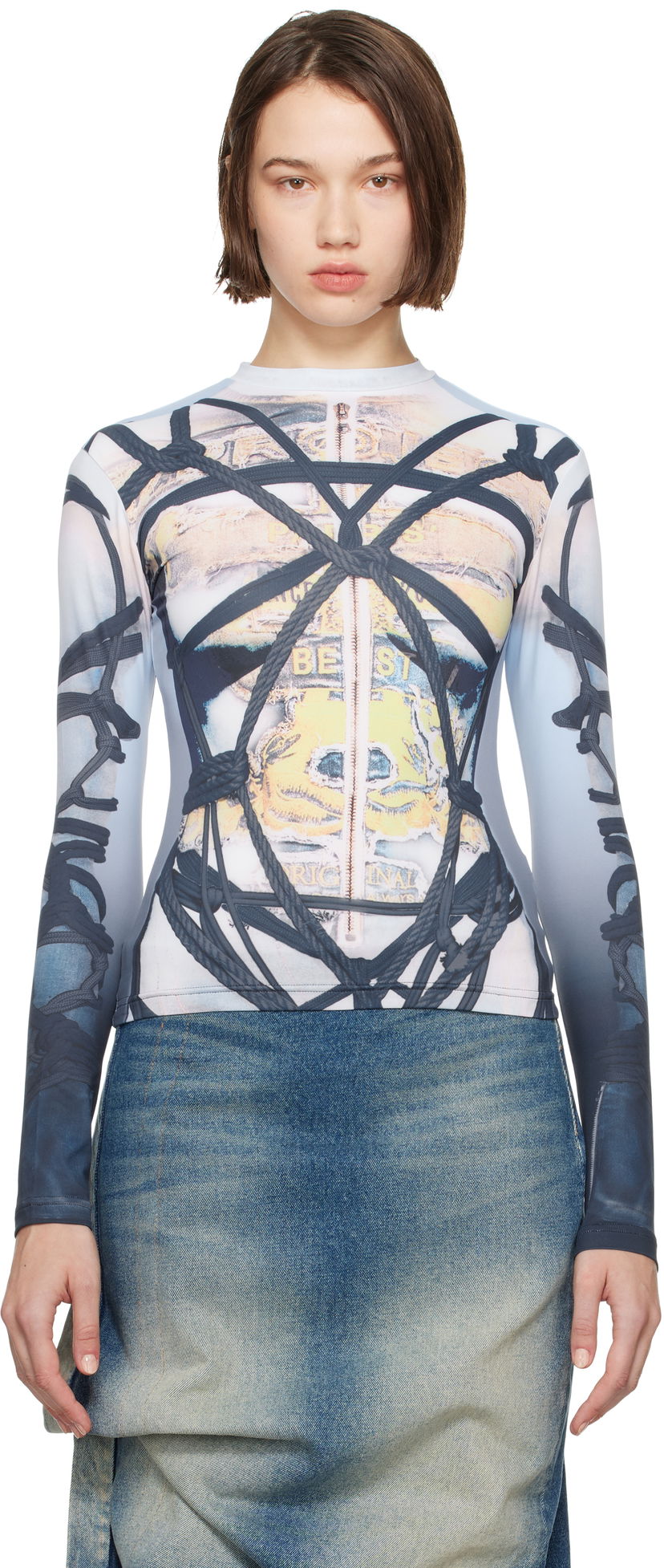 Футболка Y/PROJECT Bondage Print Long Sleeve Fitted T-shirt Синій | 104TO012