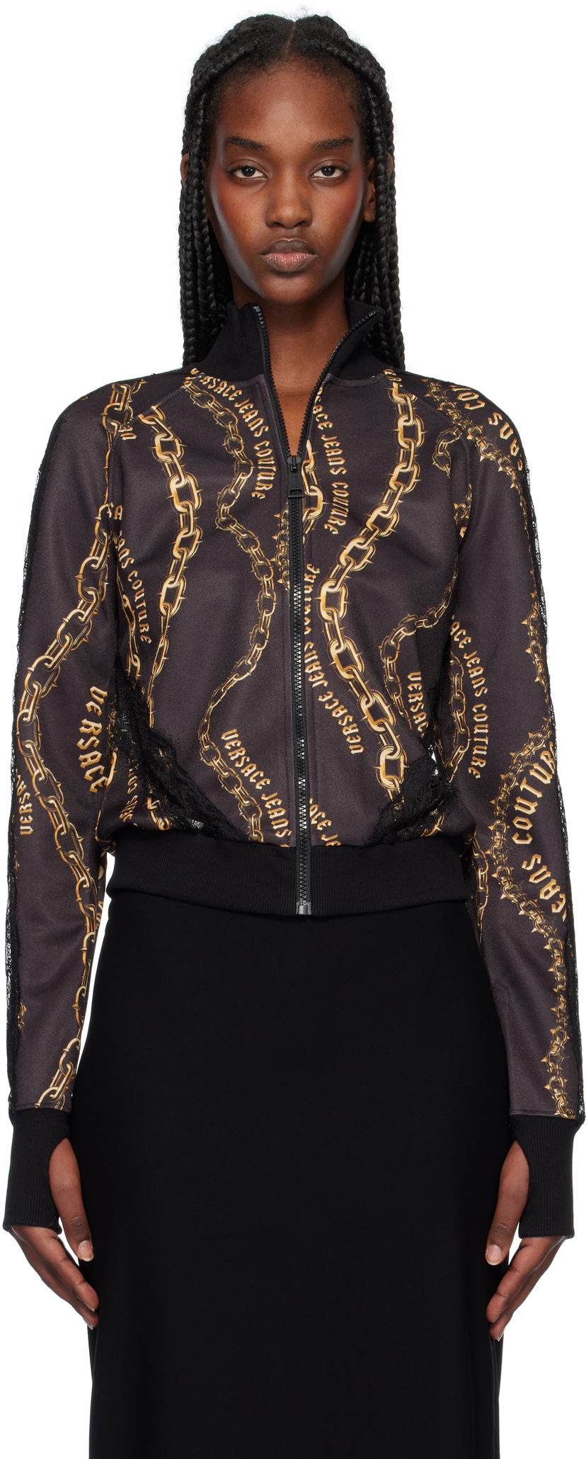 Куртка бомбер Versace Black & Gold Chain Couture Lace Zip Sweatshirt чорний | E77HAI301_EFS156