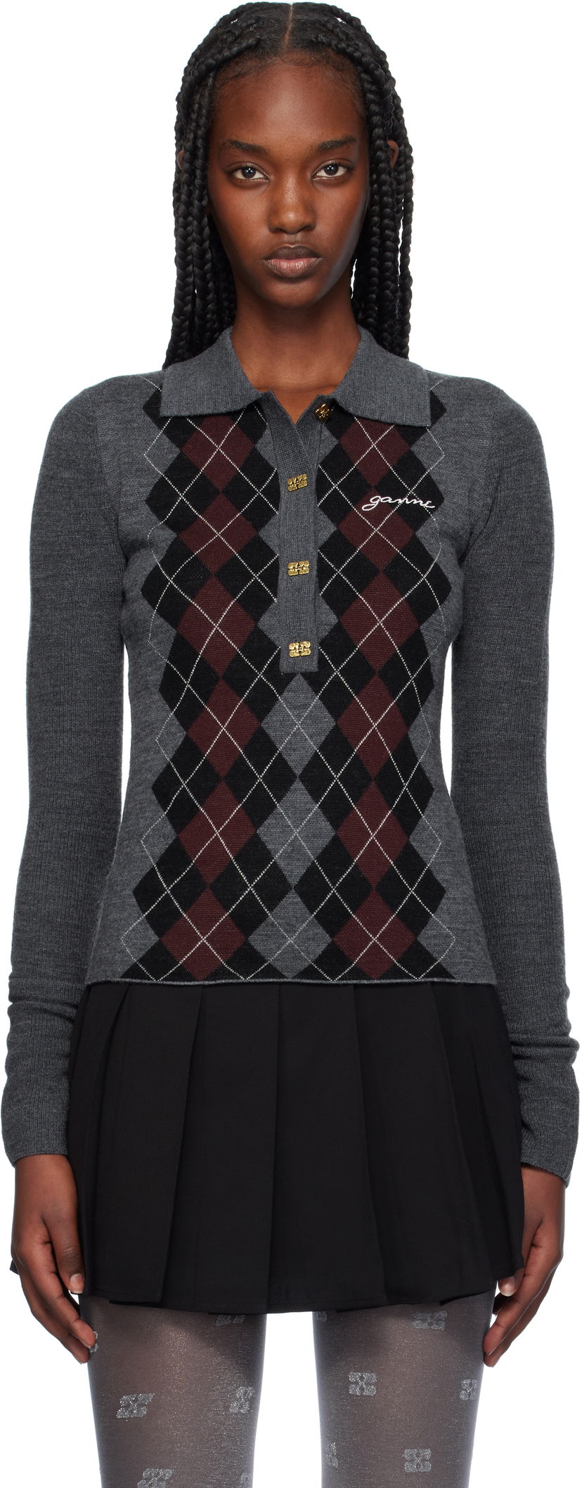Сорочка поло GANNI Knitted Argyle Polo Top Сірий | K2314