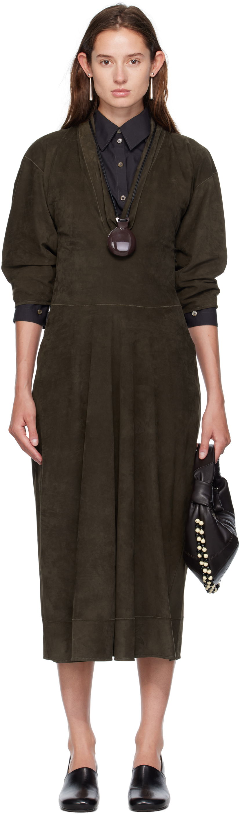 плаття LEMAIRE Lemaire V-Neck Nubuck Midi Dress Зелений | DR1122 LL0148