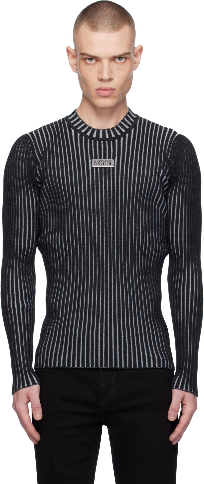 Cветр Versace Slim-Fit Ribbed Logo Sweater чорний | E77GAFM04_ECMN67