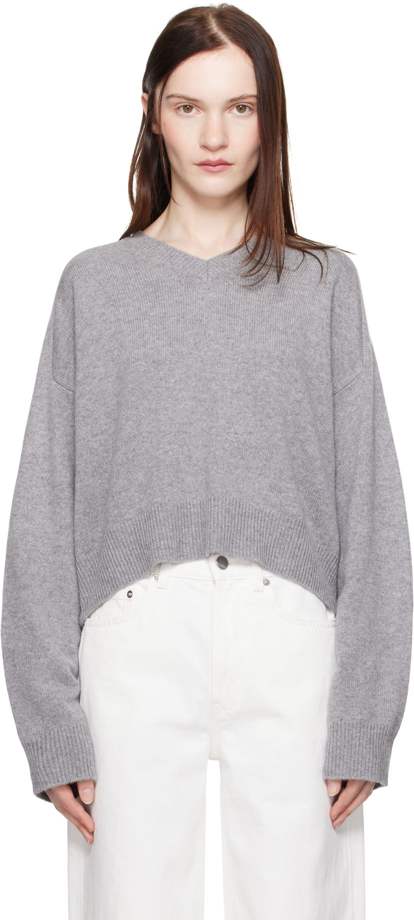 Cветр Loulou de Saison Loulou de Saison Anzor Cropped V-Neck Sweater Сірий | ANZOR