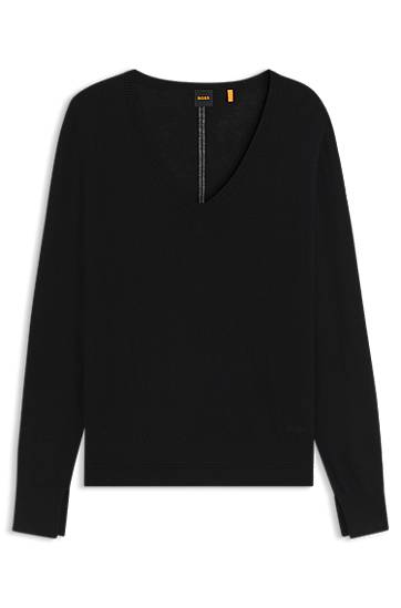 Cветр BOSS V-Neck Sweater with Openwork Detail чорний | 50543956