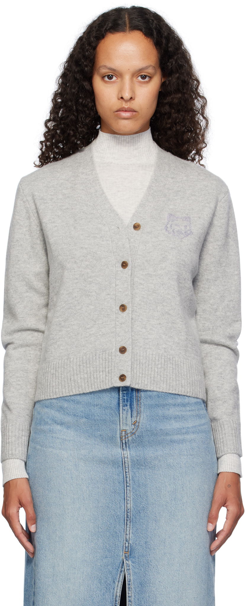Cветр MAISON KITSUNÉ Embroidered Cropped Cardigan Сірий | NW00510KT1112