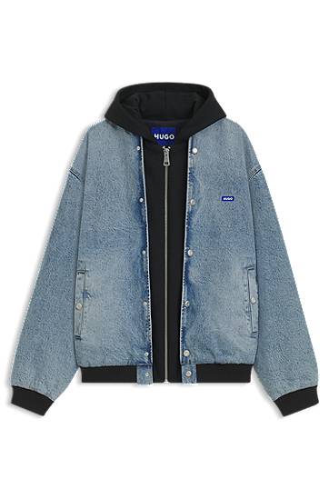 Куртка бомбер BOSS HUGO Denim Bomber Jacket with Hooded Jersey Panel Синій | 50541735