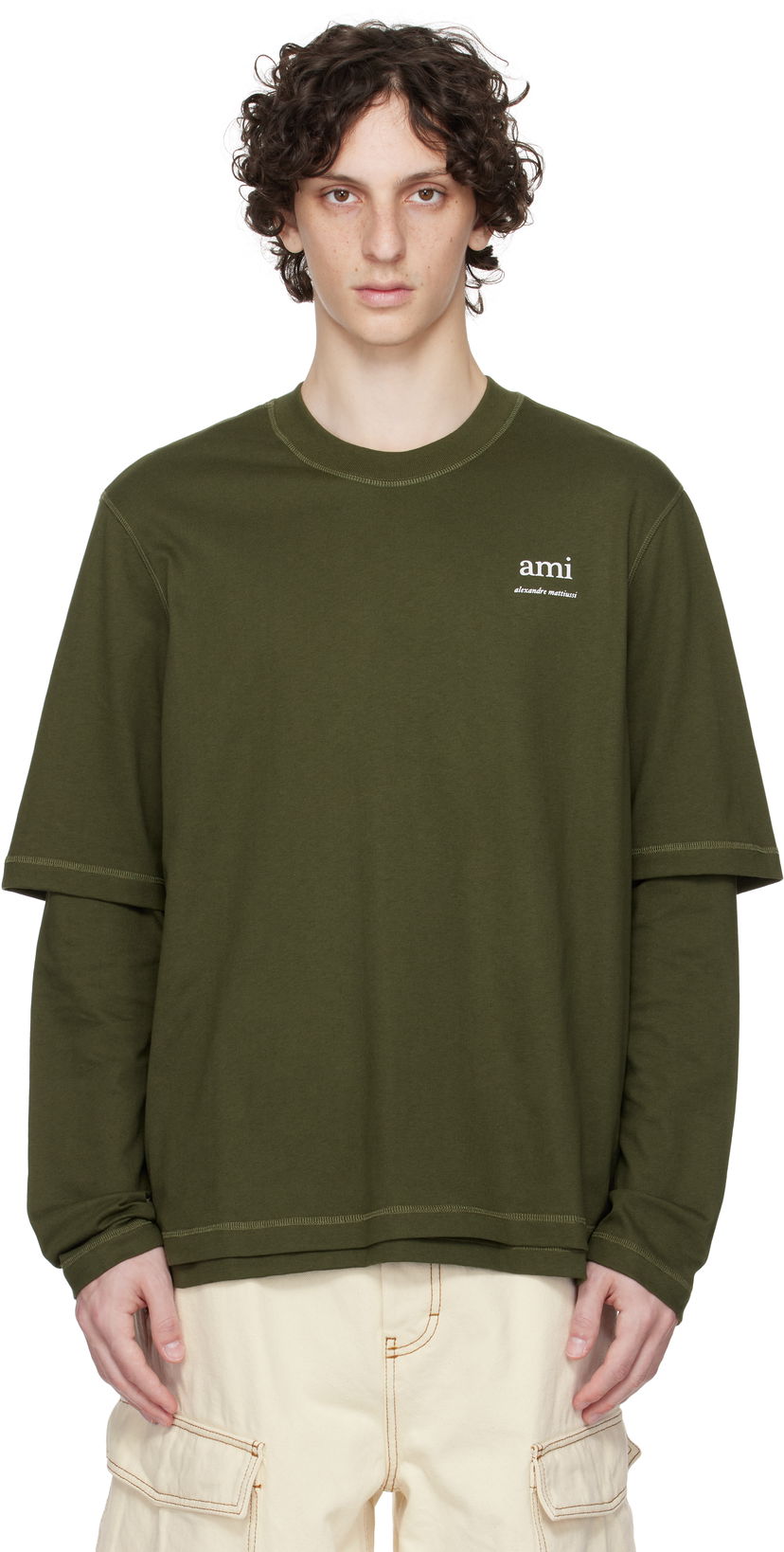 Футболка AMI AMI Double Layered Long Sleeves T-Shirt Зелений | HTS248.JE0119