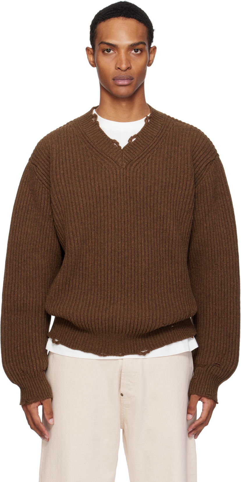 Cветр Maison Margiela MM6 Maison Margiela Ribbed Wool Knit V-Neck Sweater Коричневий | SH0HN0003 M13138