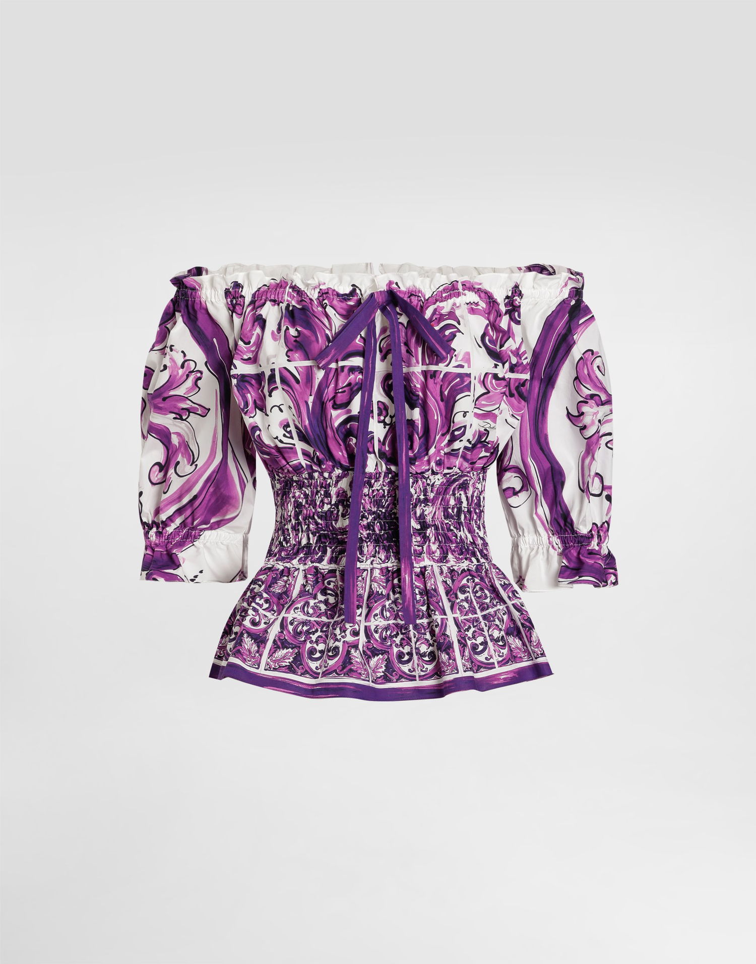 Сорочка Dolce & Gabbana Dolce & Gabbana Majolica Print Off-the-Shoulder Poplin Top Фіолетовий | F71I6TFI5JPHP5DQ, 0