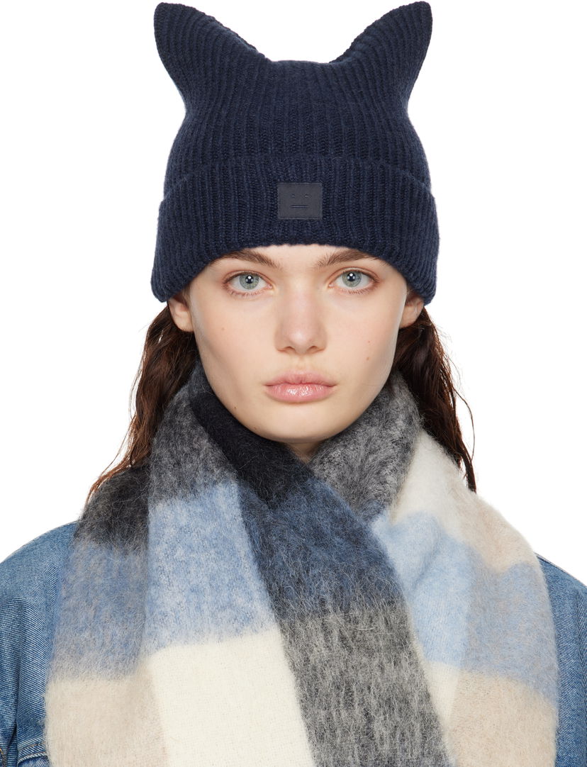 Шапка Acne Studios Acne Studios Knit Cat-Ear Beanie with Face Logo темно-синій | C40392-
