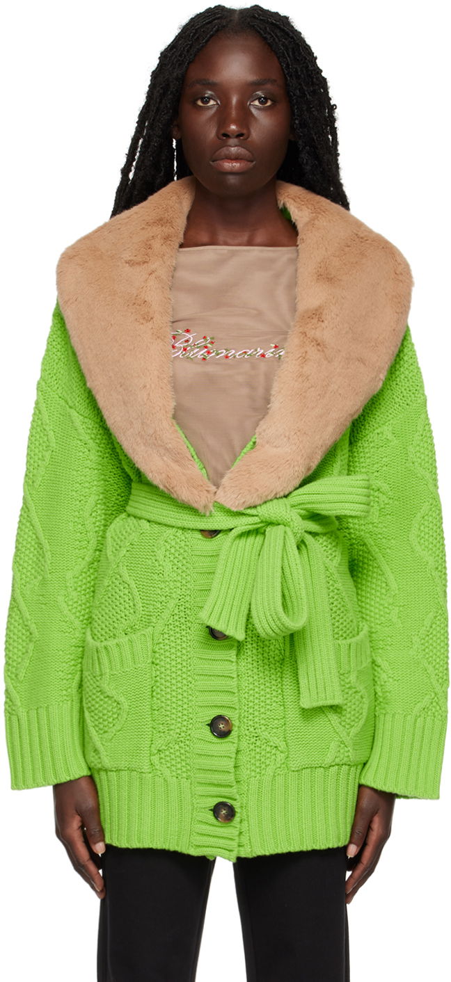 Куртка Blumarine Faux Fur Collar Cable Knit Cardigan Зелений | 2 M220A