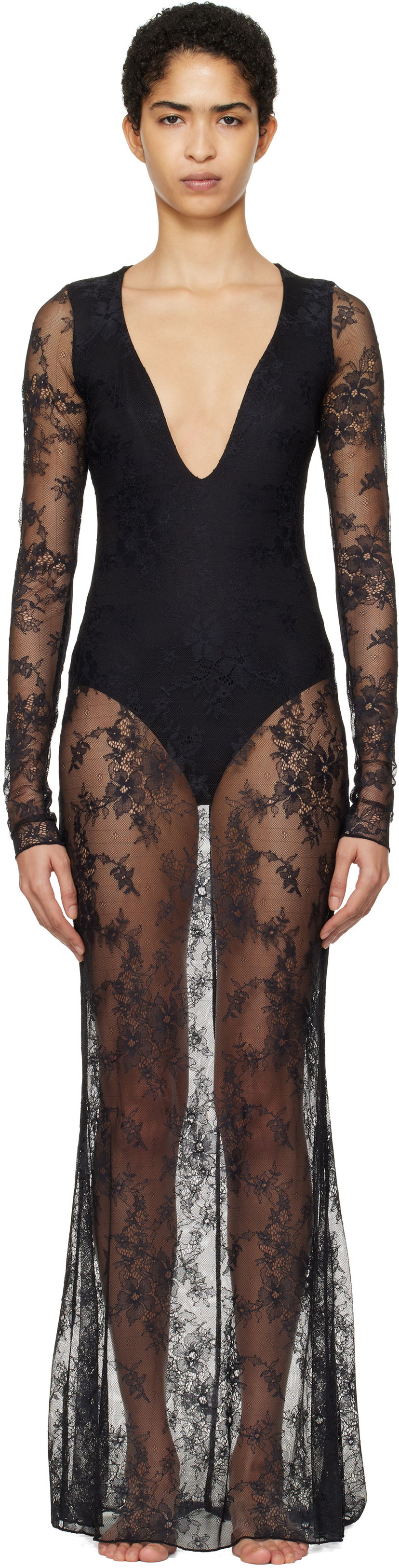 плаття SKIMS SKIMS Ultra Fine Lace Plunge Maxi Dress чорний | DS-DRS-6473W