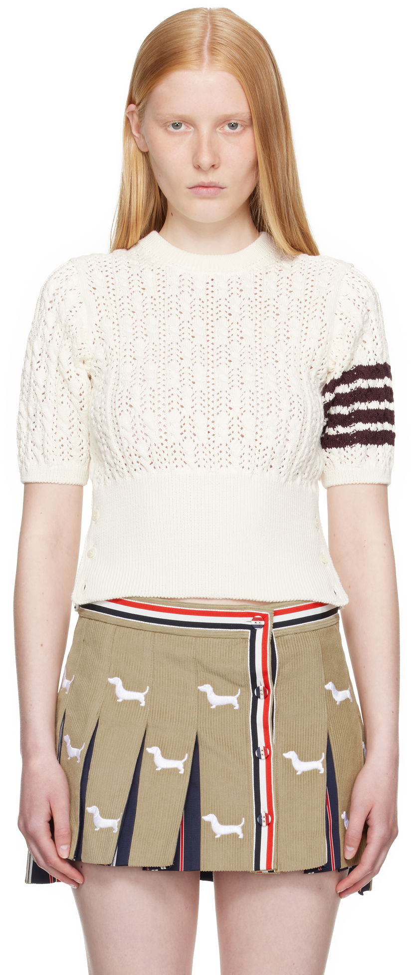 Cветр Thom Browne Thom Browne Pointelle Cable Stitch 4-Bar Sweater білий | FKA495A-Y3017