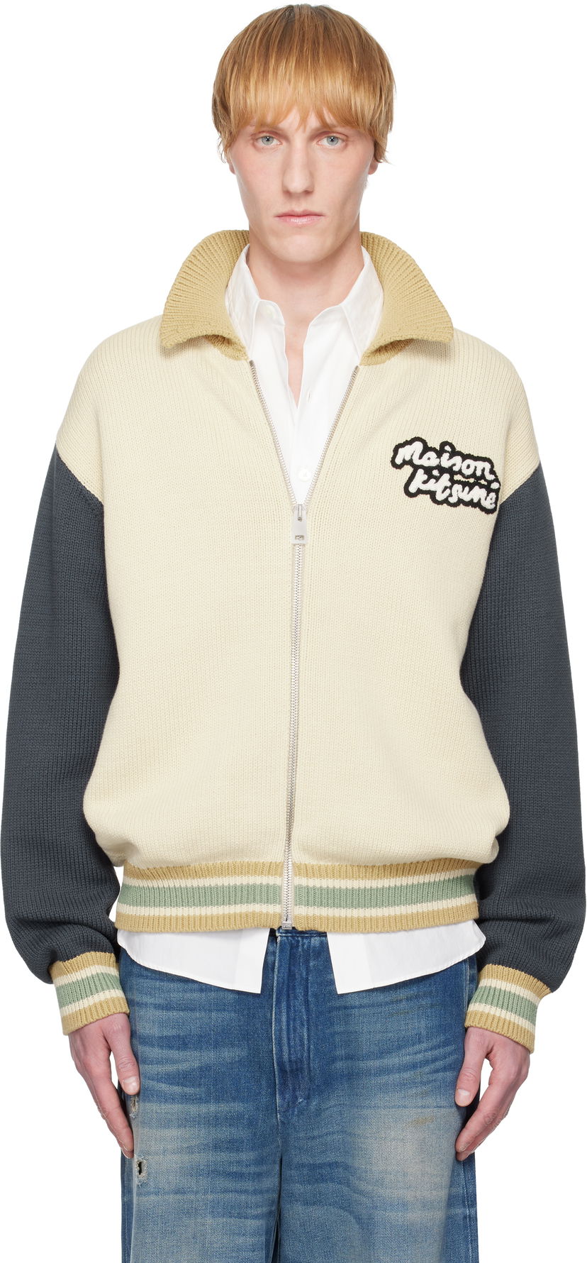 Cветр MAISON KITSUNÉ Maison Kitsuné Knitted College Bomber Jacket бежевий | OM02131KT1139
