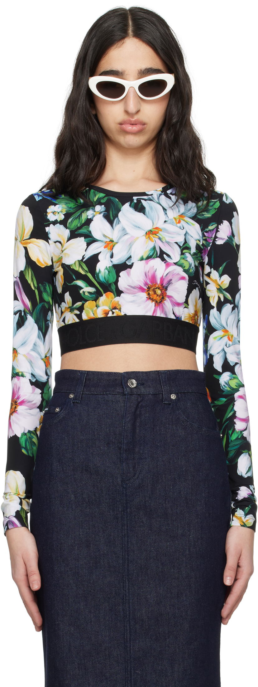 Кроп-топи Dolce & Gabbana Dolce&Gabbana Floral Print Activewear Crop Top чорний | F8N51T FSG8L