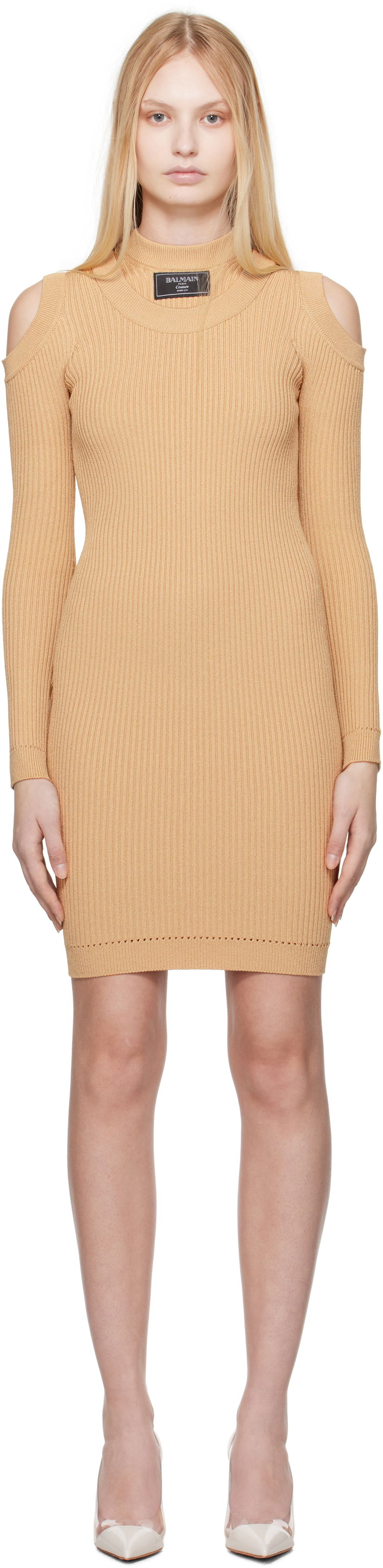 плаття Balmain Balmain Shoulder Cut Knit Minidress бежевий | EF1R8291KI10