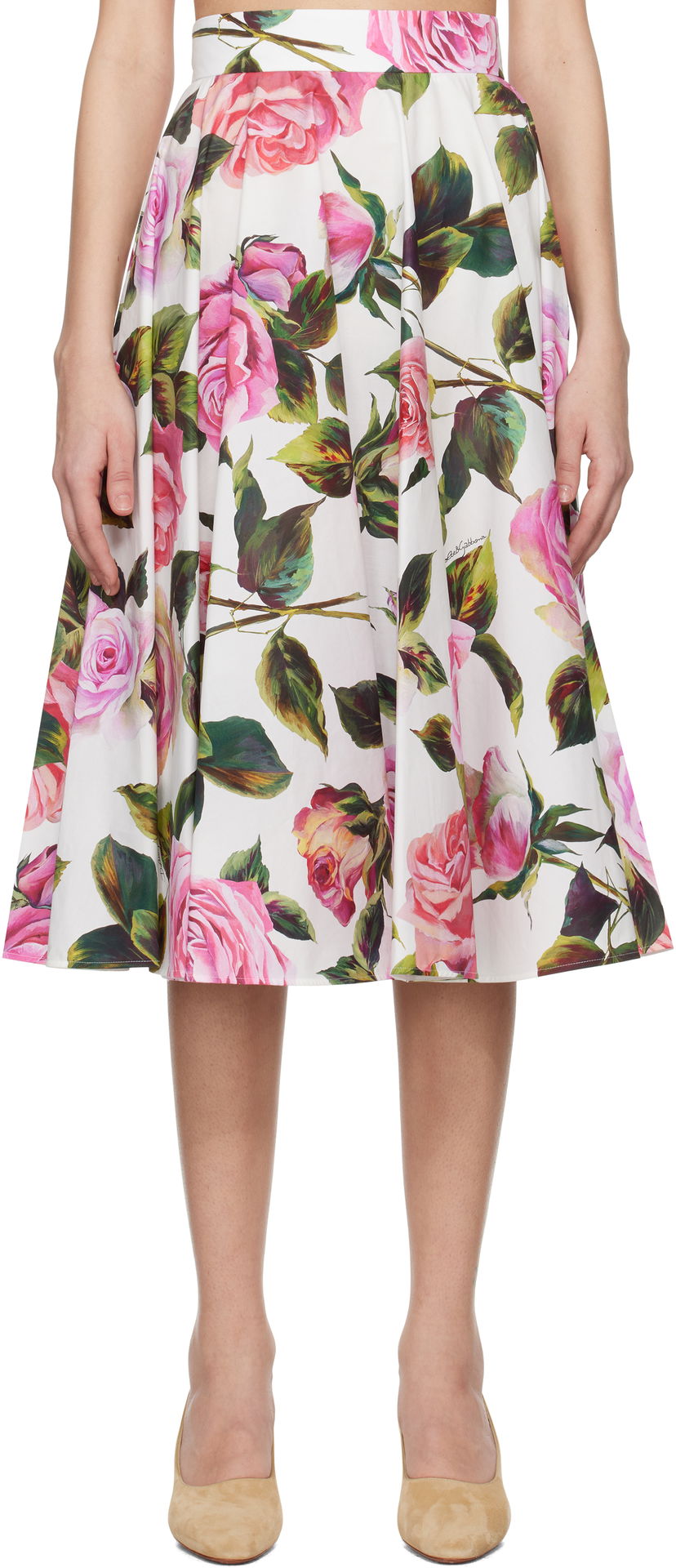 Спідниця Dolce & Gabbana Dolce&Gabbana Rose-Print Cotton Circle Midi Skirt білий | F4C1XT HS5S4