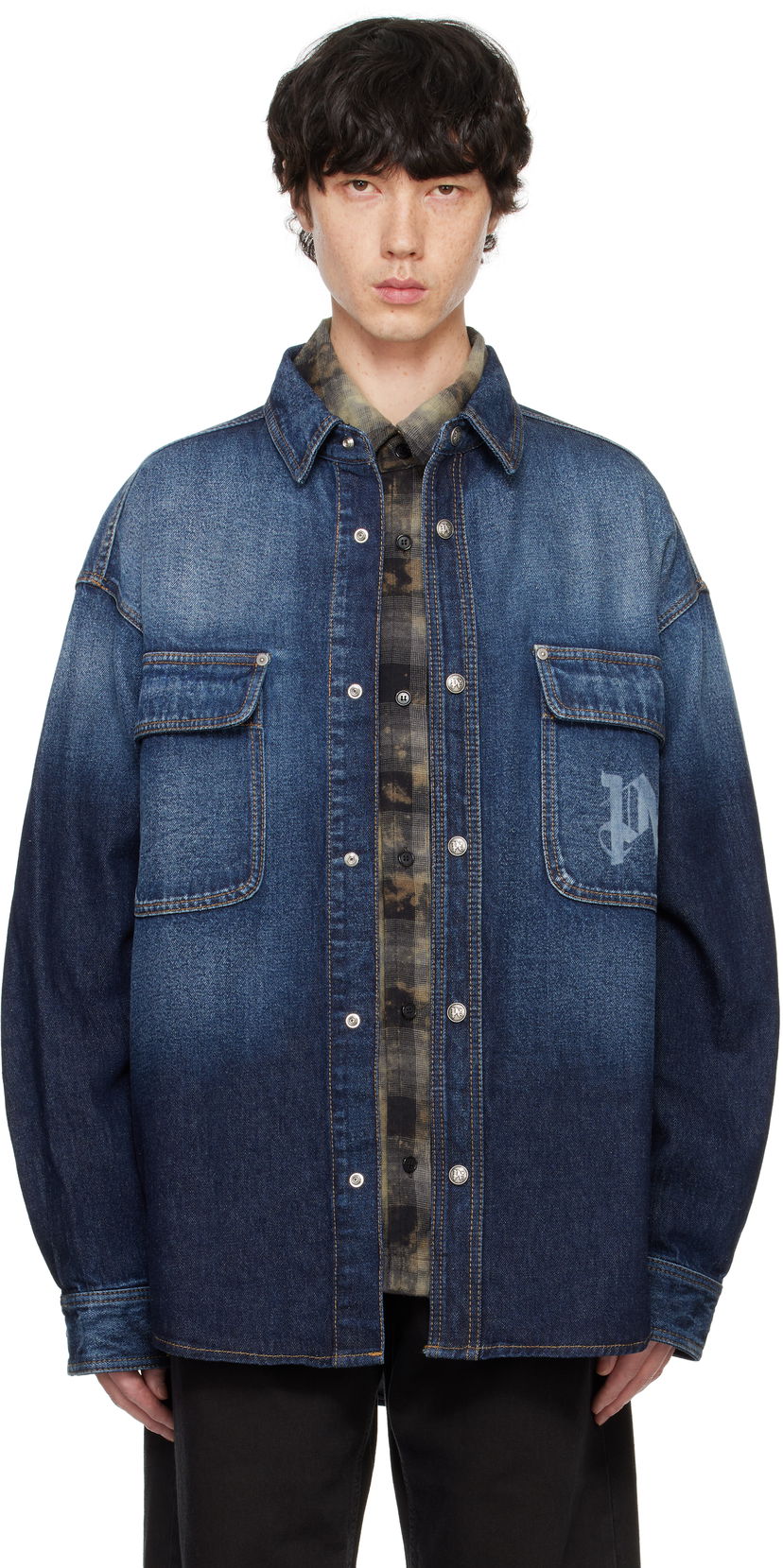 Сорочка Palm Angels Monogram Denim Overshirt Синій | PMYD020F24DEN0014503