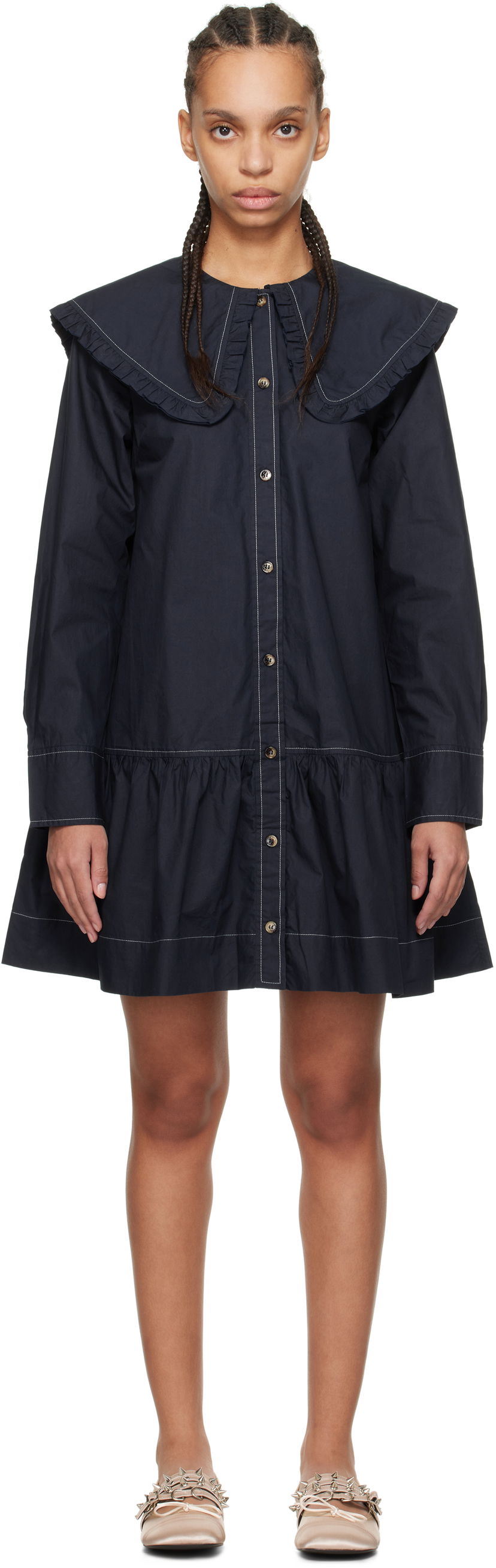 плаття GANNI Ganni Ruffle Collar Drop Waist Minidress темно-синій | W0157