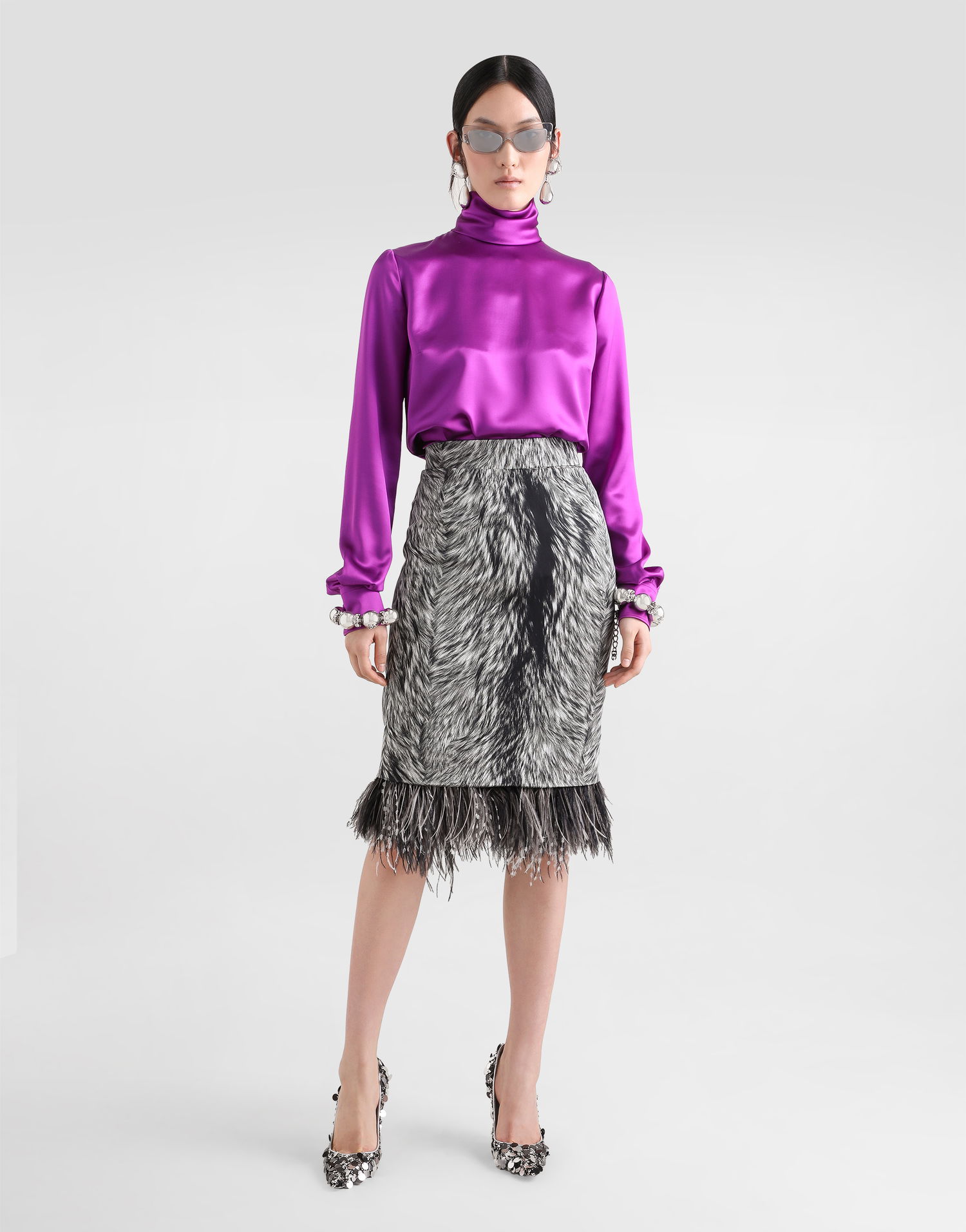Спідниця Dolce & Gabbana Calf-length Pencil Skirt With Fur Print And Feathered Detailing Grey Сірий | F4C1ITFSA71HI3VQ, 1